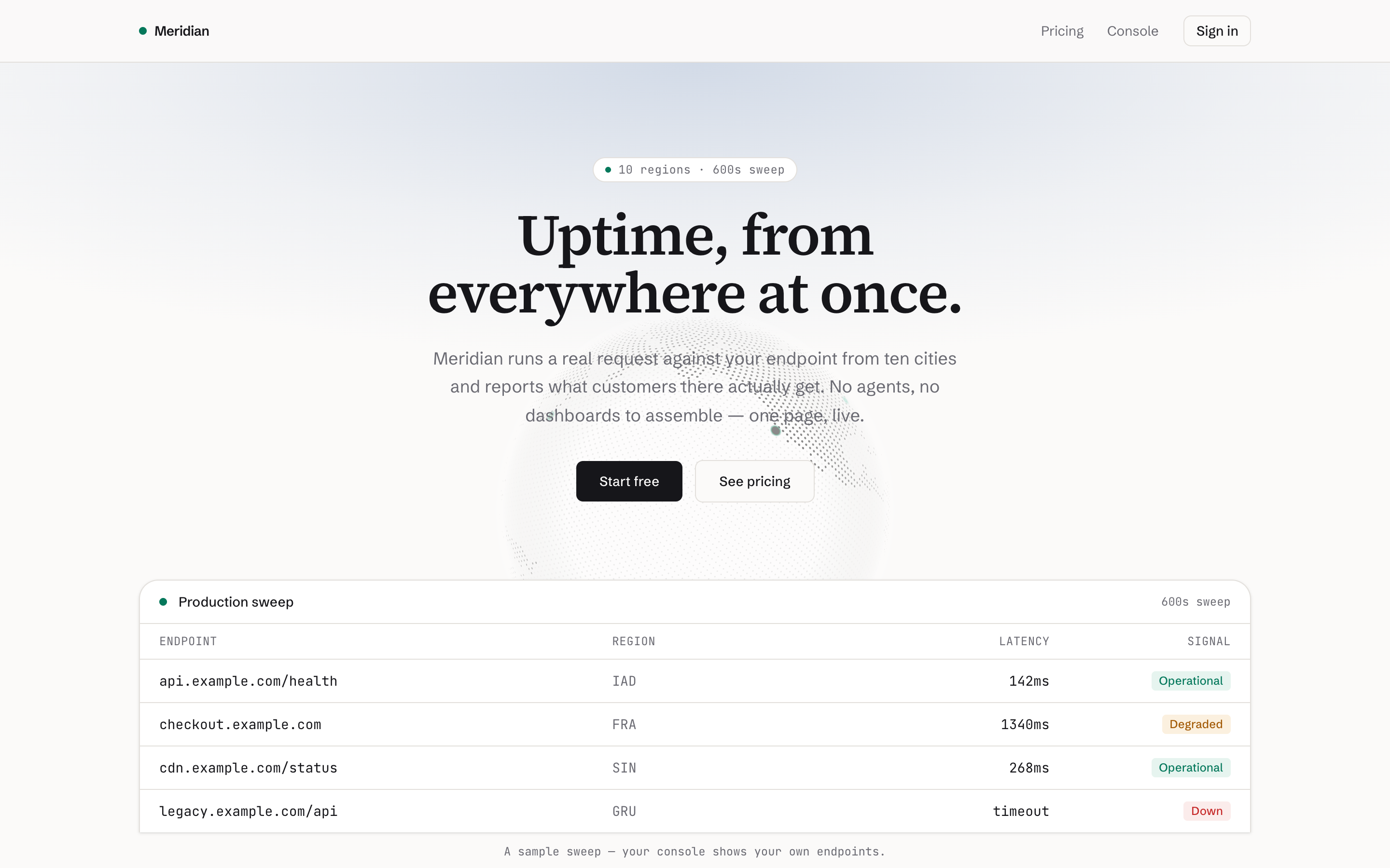 Meridian home page, built by an agent with Agentic Ship