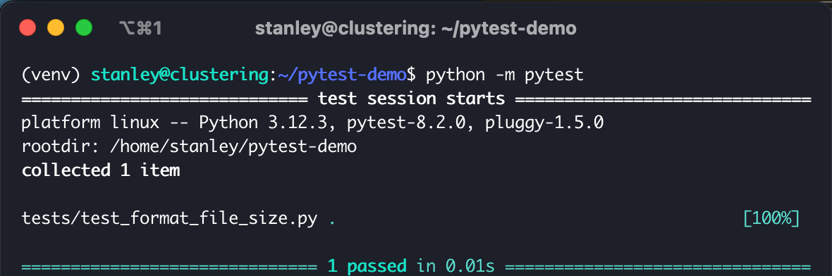 Screenshot of the Pytest output