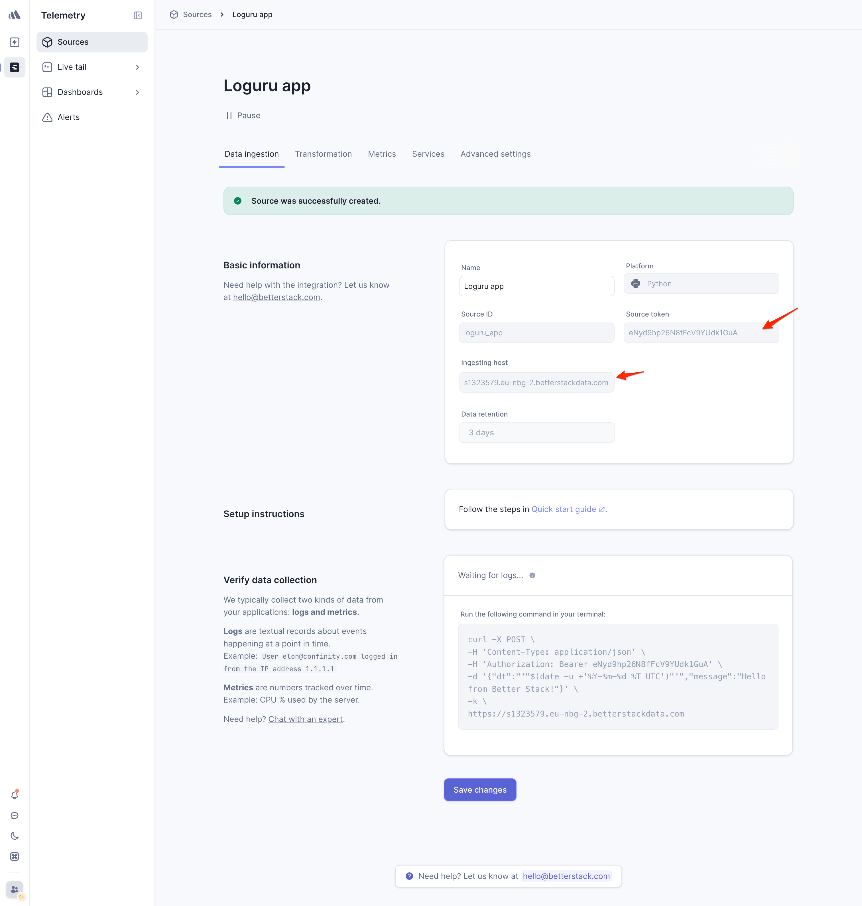 Created source page showing the source token and ingestion host that need to be copied