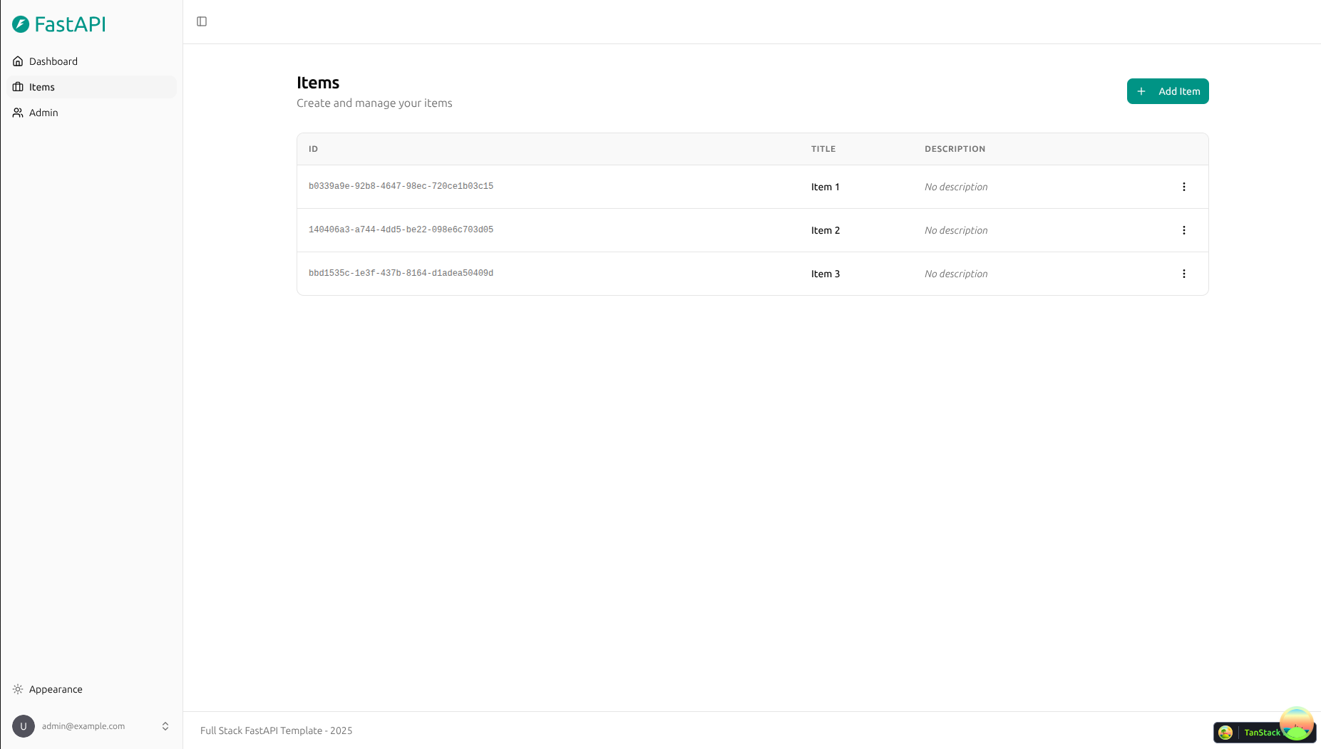 Items dashboard screenshot