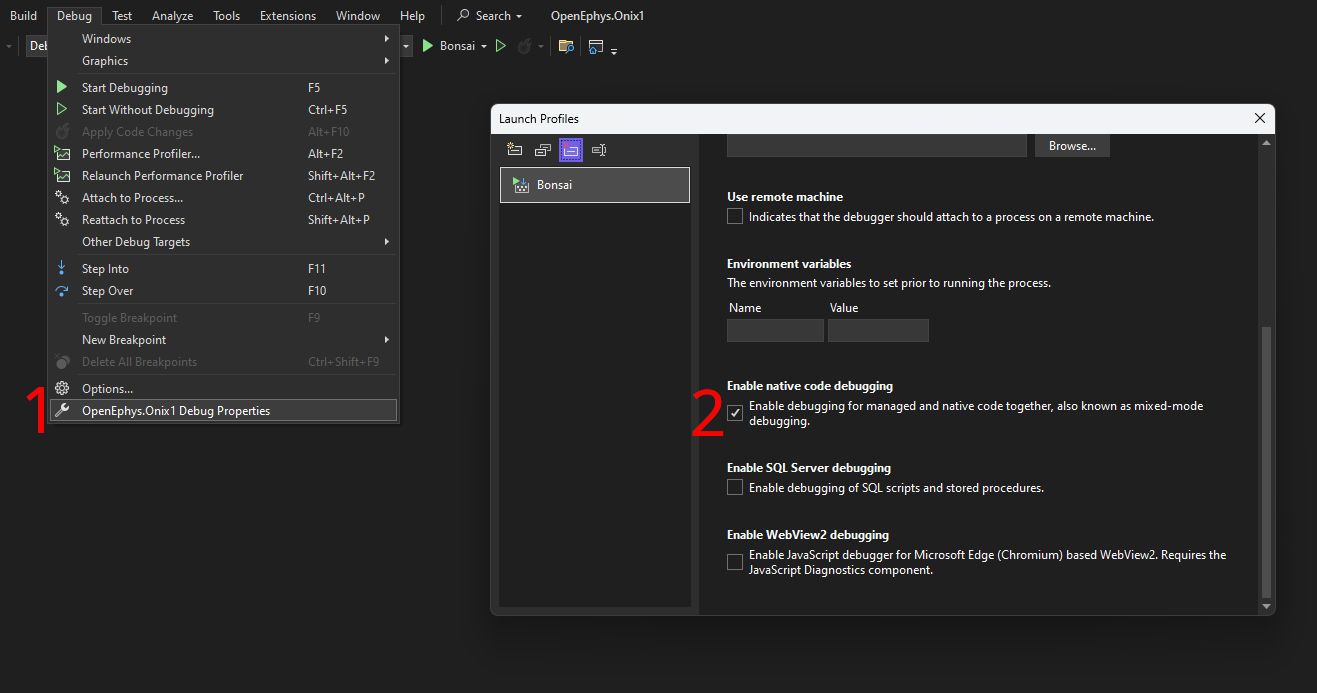 Enable native code debugging