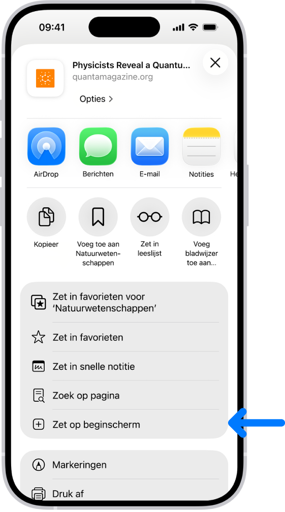 Er is op de deelknop op een website in Safari getikt en er is een lijst met opties te zien, waaronder 'Zet op beginscherm'.