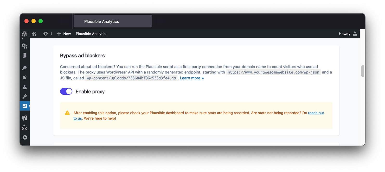 Enable the proxy in the Plausible WordPress plugin