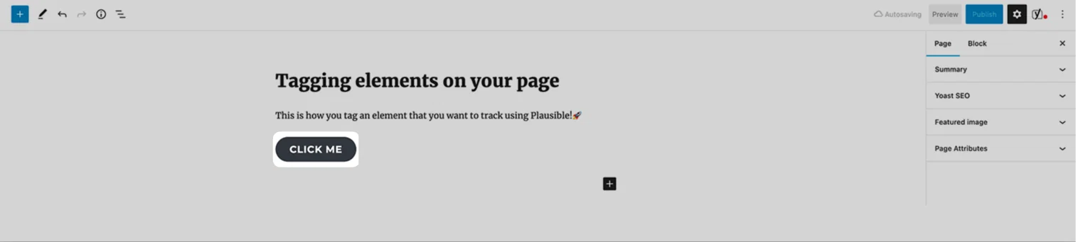 Click on any WordPress block element you want to track such as a button